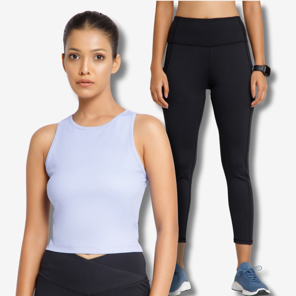 Riyu Black High-Waisted Leggings + Lavender Tank Top Combo – Stylish & Comfortable