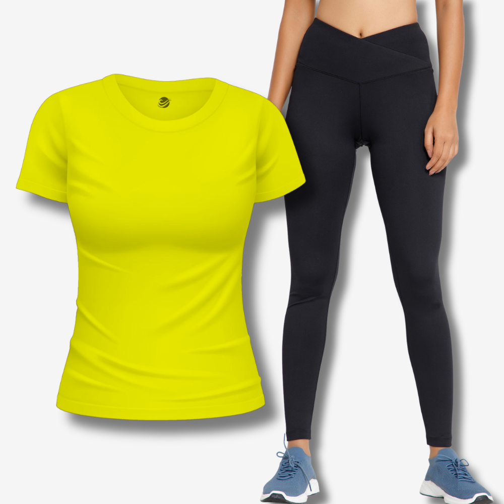 Elevate Your Workout & Style: Black Crossover Leggings + Yellow T-Shirt Combo