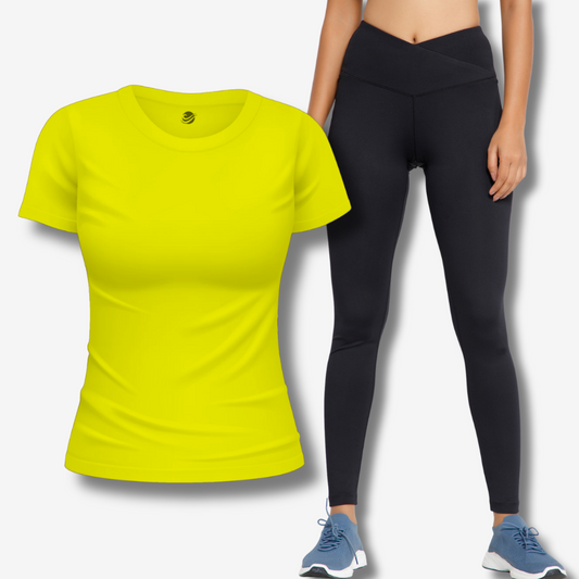 Elevate Your Workout & Style: Black Crossover Leggings + Yellow T-Shirt Combo