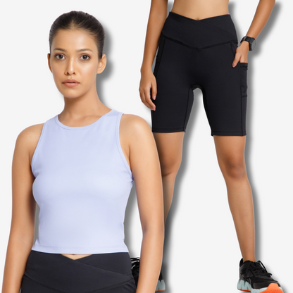 Power Your Day in Style: Black Shorts + Lavender Tank Top Combo