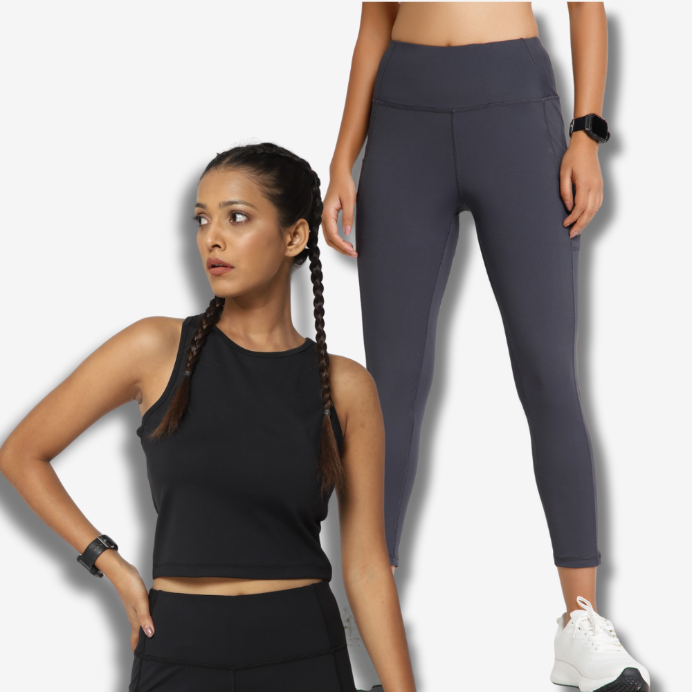 Riyu Grey High-Waisted Leggings + Black Tank Top Combo – Sleek, Supportive & Stylish