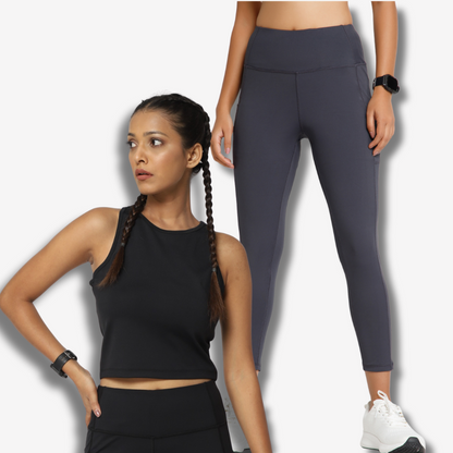 Riyu Grey High-Waisted Leggings + Black Tank Top Combo – Sleek, Supportive & Stylish
