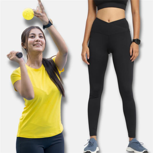 Elevate Your Workout & Style: Black Crossover Leggings + Yellow T-Shirt Combo